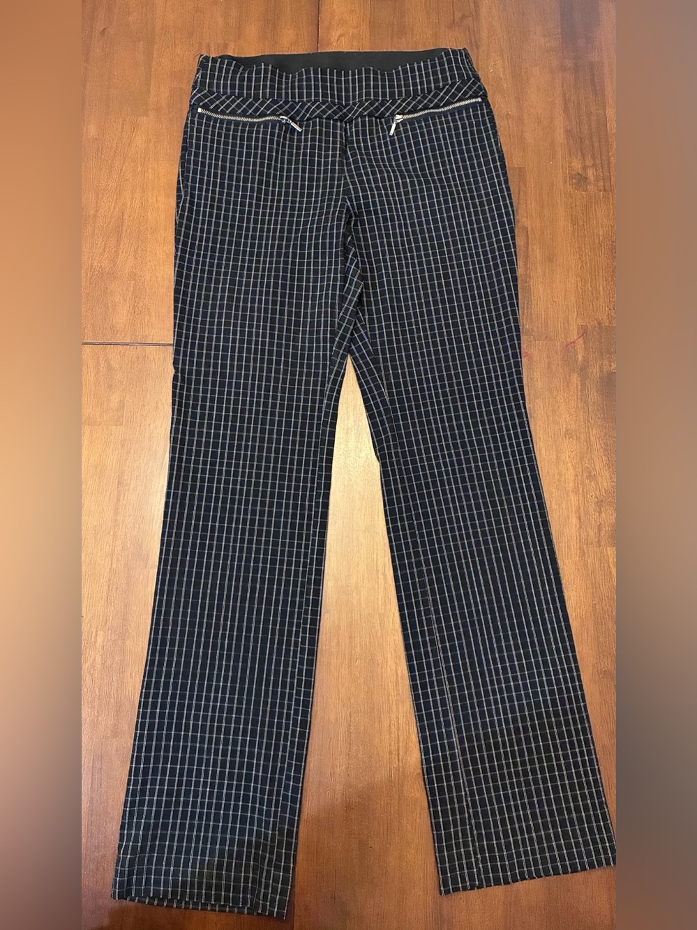 Black Windowpane Straight-Leg Trousers with Zip Pocket Detail